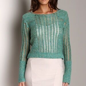 Free People Boho Chic Teal Green Goccia Crop Sweater Cotton Linen Size Small